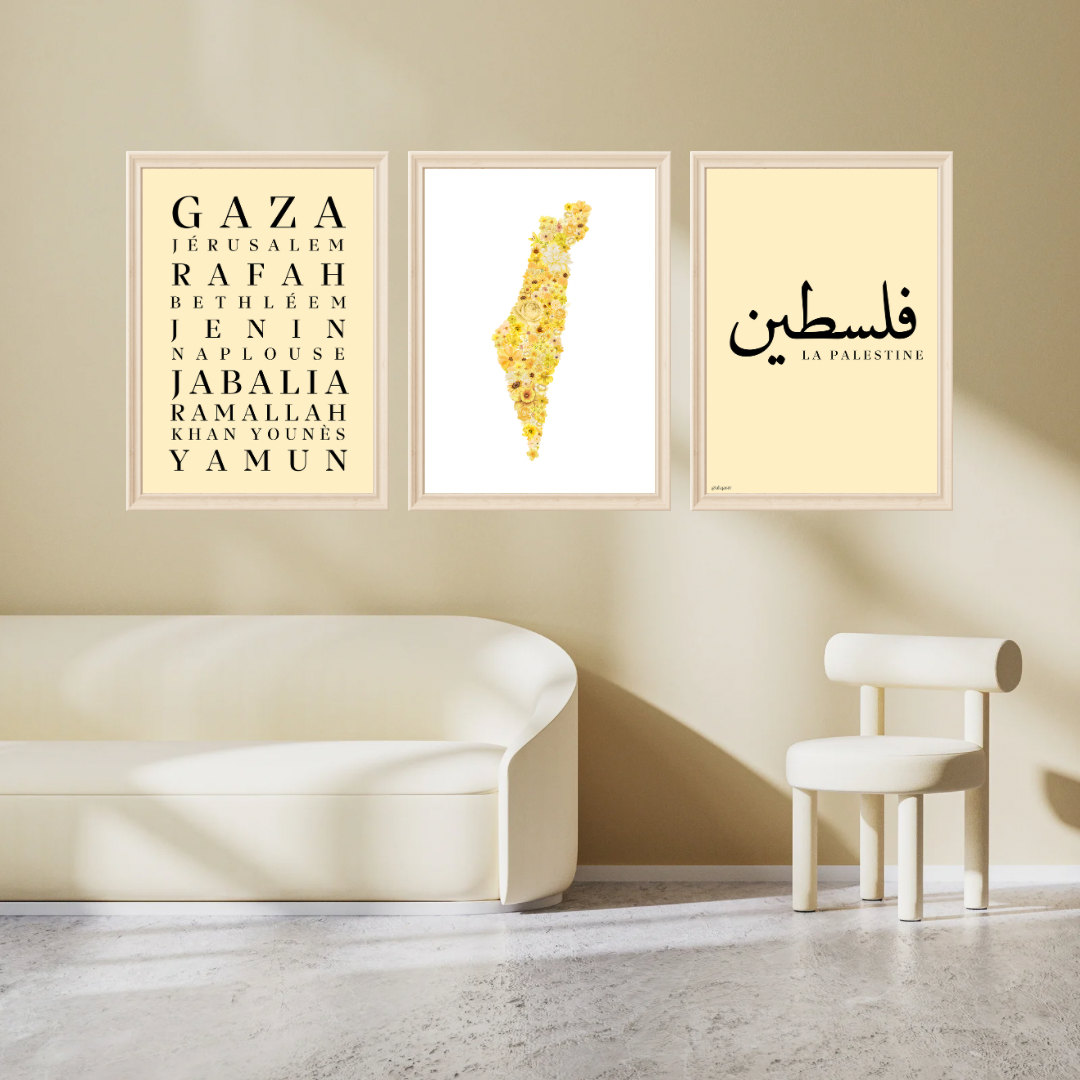 Entre typographie affirmée, fleurs délicates et calligraphie élégante, ce trio incarne l’amour, la mémoire et la résistance d’un peuple.